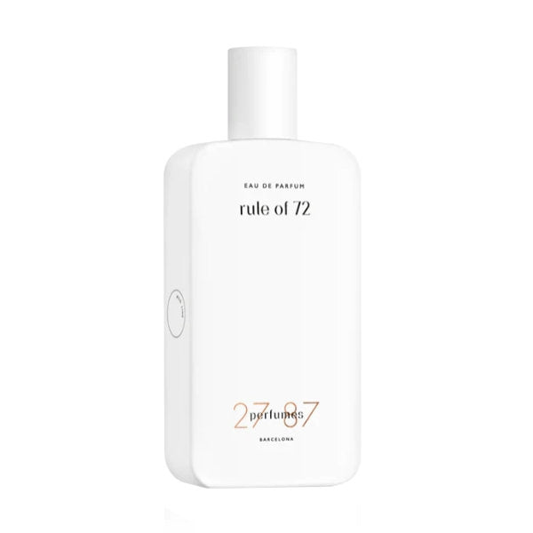 27 87 Perfumes - rule of 72 präsentiert minimalistischen weißen Flakon mit schlichter Typografie und elegantem Verschluss