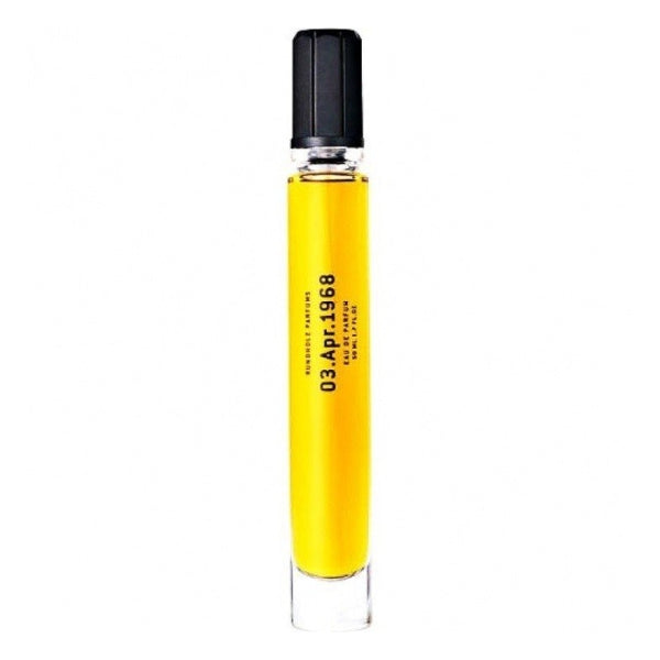 Rundholz Parfums - 03. Apr. 1968 zeigt schlanke gelbe Parfumflasche mit schwarzem Verschluss minimalistisch gestaltet