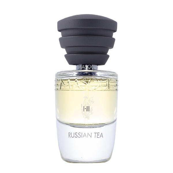 Masque Fragranze - Act I-III - Russian Tea Parfumflakon mit klarem Glas und dunklem, modernem Deckel vor weißem Hintergrund