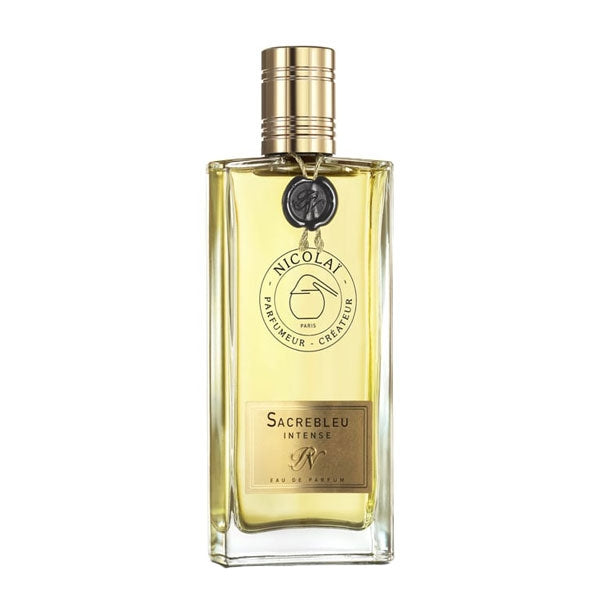 Nicolaï - Sacrebleu Intense Parfumflakon mit goldfarbenem Verschluss und elegantem Design vor weißem Hintergrund