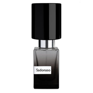 Nasomatto - Sadonaso Flakon mit schwarzem Deckel und dunklem Glas minimalistisch präsentiert vor weißem Hintergrund