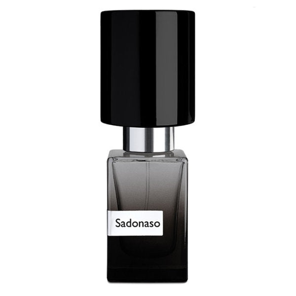 Nasomatto - Sadonaso Flakon mit schwarzem Deckel und dunklem Glas minimalistisch präsentiert vor weißem Hintergrund