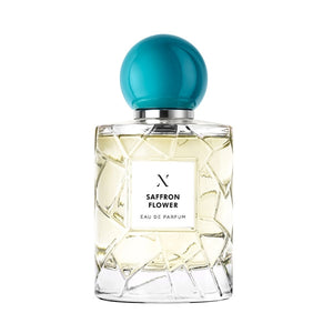 Les Sœurs de Noé - Saffron Flower Parfumflakon mit kristallklarem Glas und türkisfarbener runder Kappe vor weißem Hintergrund