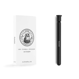 Argentum - Sage - Air schlanker schwarzer Duftroller mit weißer Verpackung und detaillierter Eulenillustration