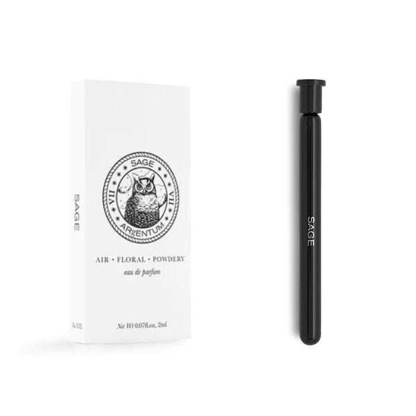 Argentum - Sage - Air schlanker schwarzer Duftroller mit weißer Verpackung und detaillierter Eulenillustration