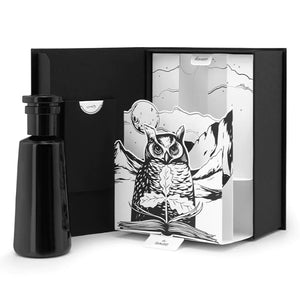 Argentum - Sage - Air schwarzer Flakon mit dekorativem aufklappbarem Karton und Eulenillustration in Schwarz-Weiß
