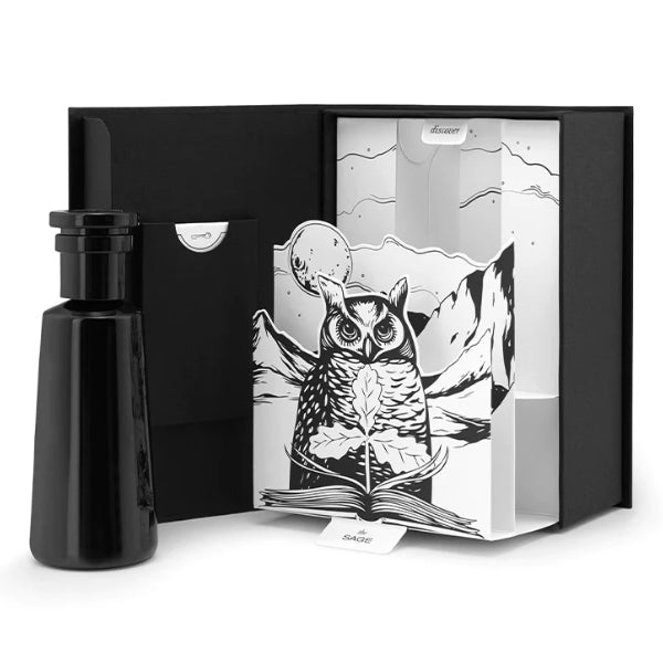 Argentum - Sage - Air schwarzer Flakon mit dekorativem aufklappbarem Karton und Eulenillustration in Schwarz-Weiß
