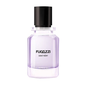 Fugazzi - Saint Rémy eleganter Parfumflakon mit zart violettem Glas und schwarzem Deckel vor weißem Hintergrund