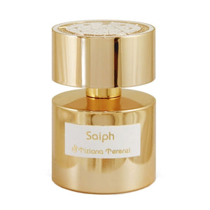 Tiziana Terenzi - Luna Gold Collection - Saiph Parfumflakon in glänzendem Gold mit zylindrischem Design vor weißem Hintergrund