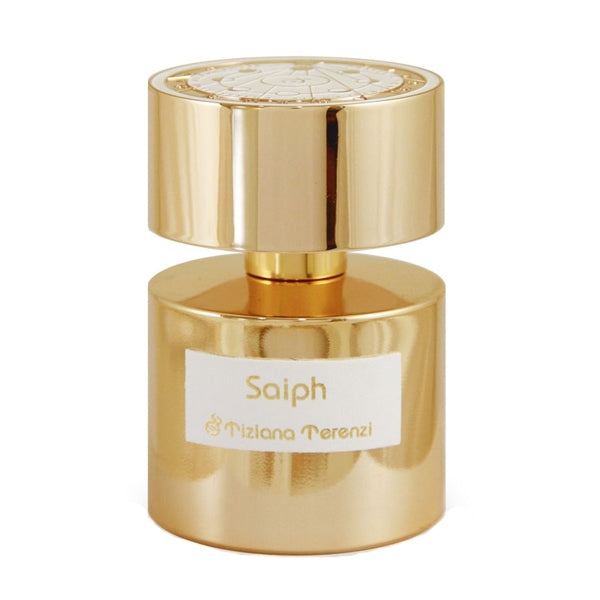 Tiziana Terenzi - Luna Gold Collection - Saiph Parfumflakon in glänzendem Gold mit zylindrischem Design vor weißem Hintergrund