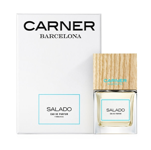 Carner Barcelona - Mediterranean Collection - Salado Parfumflakon mit hellem Holzdeckel und minimalistischer Verpackung in Weiß und Türkis
