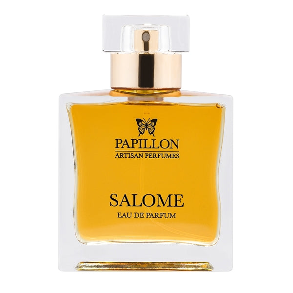 Papillon Perfumery - Salome Parfümflakon mit goldenem Duft und transparentem rechteckigem Glas vor weißem Hintergrund