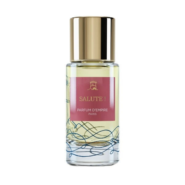 Parfum d'Empire - Salute! Parfumflakon mit goldenem Verschluss und rotem Etikett vor weißem Hintergrund