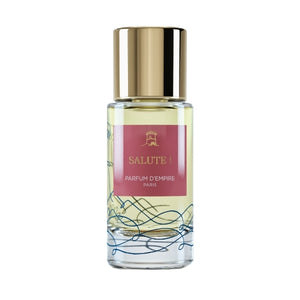 Parfum d'Empire - Salute! Parfumflakon mit goldenem Verschluss und rotem Etikett vor weißem Hintergrund