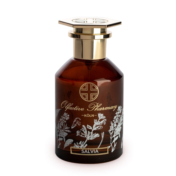 Olfactive Pharmacy - Salvia Parfumflakon aus braunem Glas mit goldenem Verschluss und botanischem Salbei-Dekor