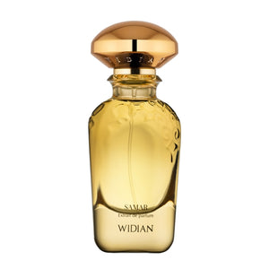 Widian - Gold Collection - Samar Parfumflakon mit goldfarbenem Deckel und warmem Bernsteinfarbton vor weißem Hintergrund