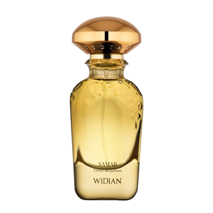Widian - Gold Collection - Samar Parfumflakon mit goldfarbenem Deckel und warmem Bernsteinfarbton vor weißem Hintergrund