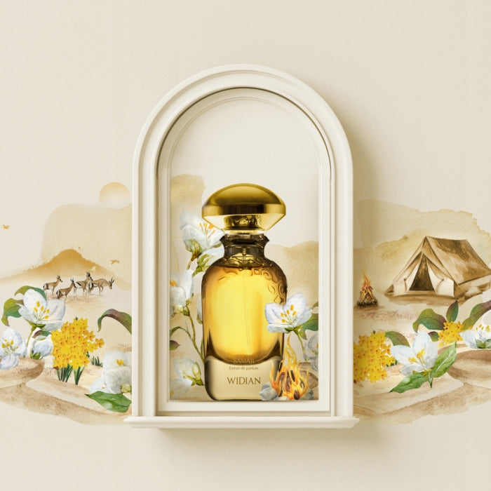 Widian - Gold Collection - Samar Flakon mit goldenem Verschluss in dekorativem Rahmen vor Wüstenmalerei mit Blumenmotiven