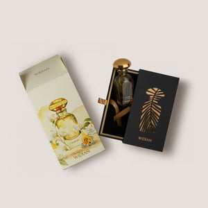 Widian - Gold Collection - Samar Parfumflakon mit goldenem Verschluss und kunstvoller Verpackung vor hellem Hintergrund