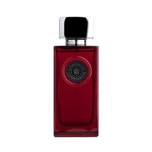 Arte Profumi - Samharam Flakon in tiefrotem Glas mit rundem Emblem und silbernem Verschluss vor weißem Hintergrund