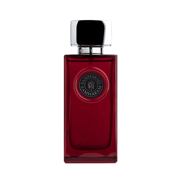 Arte Profumi - Samharam Flakon in tiefrotem Glas mit rundem Emblem und silbernem Verschluss vor weißem Hintergrund