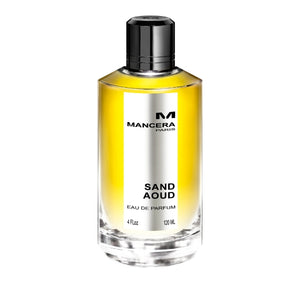 Mancera - Sand Aoud Parfumflakon mit klarem Glas, gelblich-orangem Duft und schlichtem schwarzem Verschluss elegant gestaltet