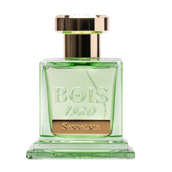 Bois 1920 - Sandalvia Flakon in transparentem Grün mit goldenem Deckel vor hellem Hintergrund präsentiert