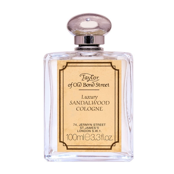 Taylor of Old Bond Street - Sandalwood Cologne Glasflakon mit rechteckigem Etikett und silbernem Verschluss vor weißem Hintergrund