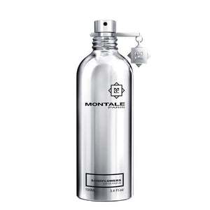 Montale - Sandflowers Parfumflakon aus glänzendem silbernem Metall mit schwarzer Schrift vor weißem Hintergrund