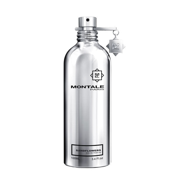 Montale - Sandflowers Parfumflakon aus glänzendem silbernem Metall mit schwarzer Schrift vor weißem Hintergrund