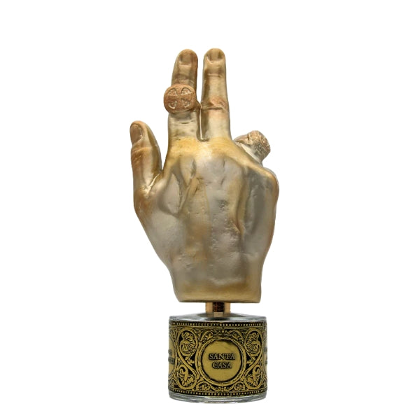 Filippo Sorcinelli - Memento - Santa Casa goldene Hand mit detailreichem Ring und verziertem Sockel in kunstvollem Design