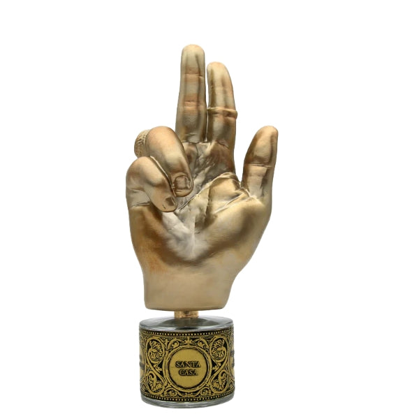 Filippo Sorcinelli - Memento - Santa Casa goldene Hand mit ringverziertem Zeigefinger und detailliertem ornamentalem Sockel