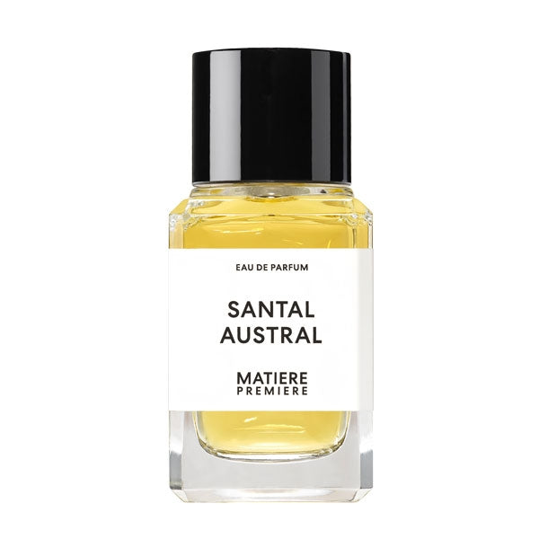 Matière Première - Santal Austral zeigt klaren Flakon mit schwarzem Deckel und hellgelbem Parfum im minimalistischen Design