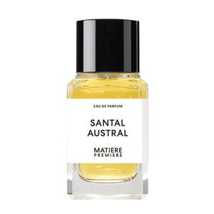 Matière Première - Santal Austral zeigt klaren Flakon mit schwarzem Deckel und hellgelbem Parfum im minimalistischen Design