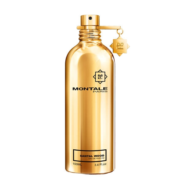 Montale - Santal Wood eleganter goldener Flakon mit schwarzem Schriftzug und dekorativem Anhänger am Sprühkopf