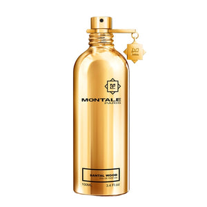 Montale - Santal Wood eleganter goldener Flakon mit schwarzem Schriftzug und dekorativem Anhänger am Sprühkopf