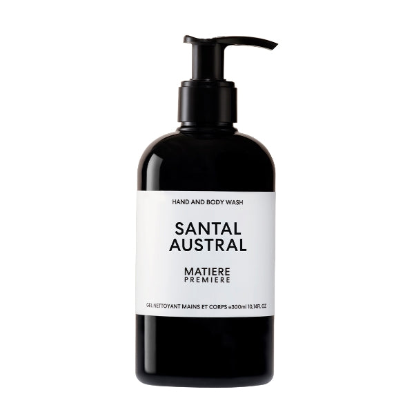 Matière Première - Santal Austral - Hand & Body Wash in schwarzer Flasche mit weißem Etikett und Pumpspender