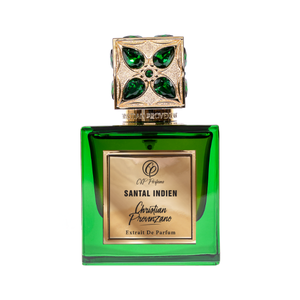 Christian Provenzano - Santal Indien Parfumflakon in grünem Glas mit goldverziertem Verschluss und elegantem Etikett
