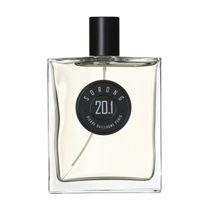 Pierre Guillaume - Sorong No.20.1 Parfumflakon mit klarer Glasflasche und schwarzem runden Label vor weißem Hintergrund