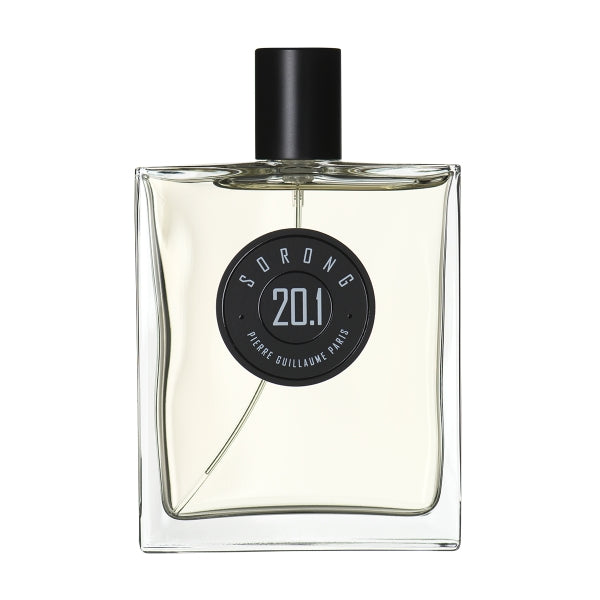 Pierre Guillaume - Sorong No.20.1 Parfumflakon mit klarer Glasflasche und schwarzem runden Label vor weißem Hintergrund