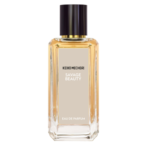 Keiko Mecheri - Savage Beauty Parfumflakon mit klarem Glas, goldfarbenem Duft und schwarzem Deckel in modernem Design