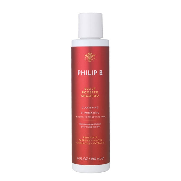 Philip B - Scalp Booster Shampoo rote Flasche mit weißem Verschluss zur Förderung von kräftigem Haar und gesunder Kopfhaut