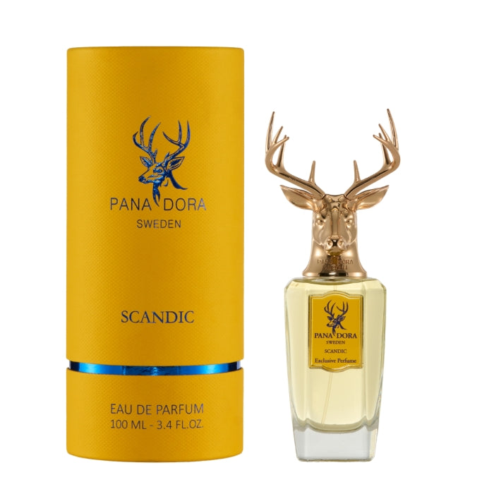 Pana Dora Sweden - Scandic Parfumflakon mit goldenem Hirschkopf und gelber Geschenkverpackung vor weißem Hintergrund