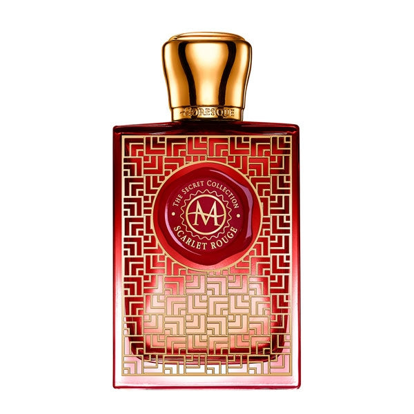 Moresque Parfum - Secret Collection - Scarlet Rouge Flakon mit rotem Glas, goldenem Muster und goldfarbenem Verschluss vor weißem Hintergrund