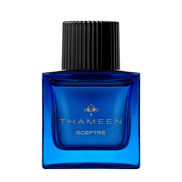Thameen - Sovereign Collection - Sceptre Parfumflakon aus königsblauem Glas mit markantem schwarzem Verschluss