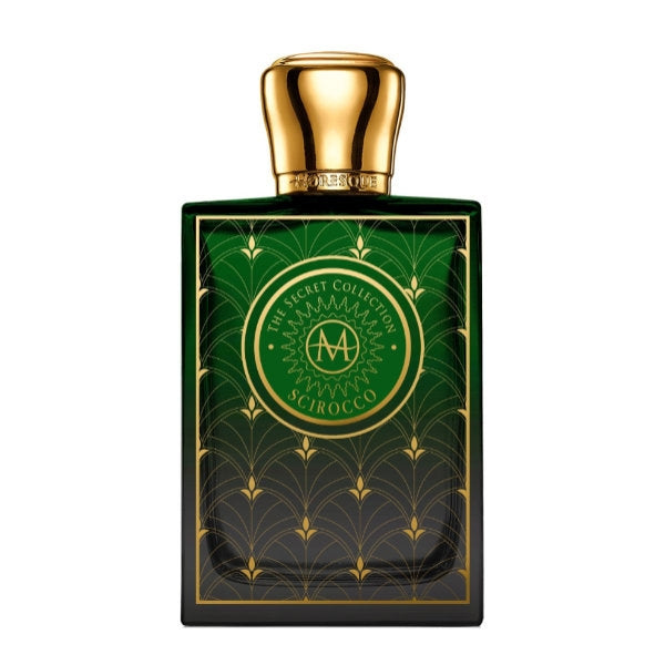 Moresque Parfum - Secret Collection - Scirocco zeigt eleganten grünen Flakon mit goldfarbenen Details und luxuriösem Verschluss