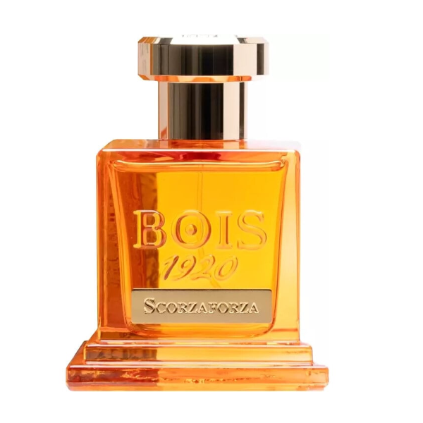 Bois 1920 - Scorzaforza Flakon in kräftigem Orange mit goldfarbenem Verschluss vor weißem Hintergrund präsentiert