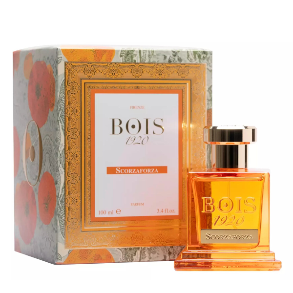 Bois 1920 - Scorzaforza Parfumflakon in kräftigem Orange mit goldfarbenem Verschluss neben dekorativer Verpackung