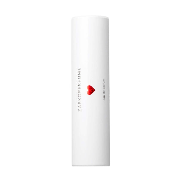 Zarkoperfume - Sending Love Parfumverpackung in weißer zylindrischer Form mit rotem Herzsymbol minimalistisch gestaltet