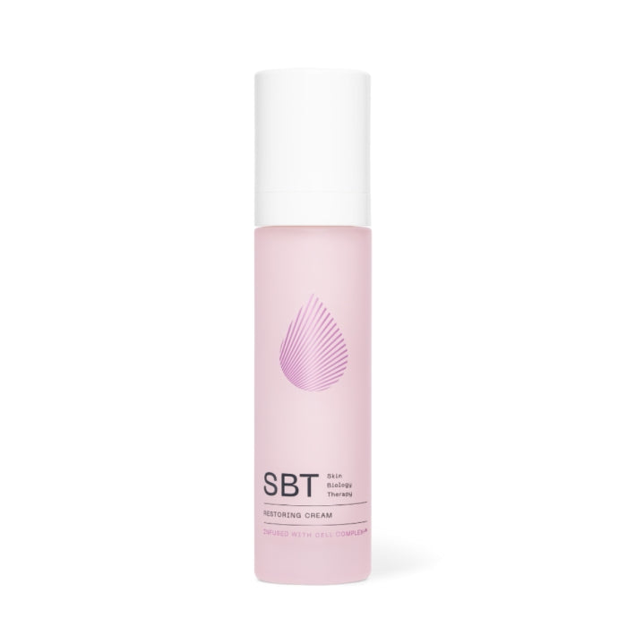 SBT - Sensitive - Restoring Cream in rosa Flasche mit weißem Verschluss für regenerierende Feuchtigkeitspflege empfindlicher Haut